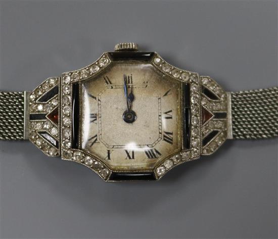 A ladys French Art Deco platinum, diamond and black onyx set cocktail watch,